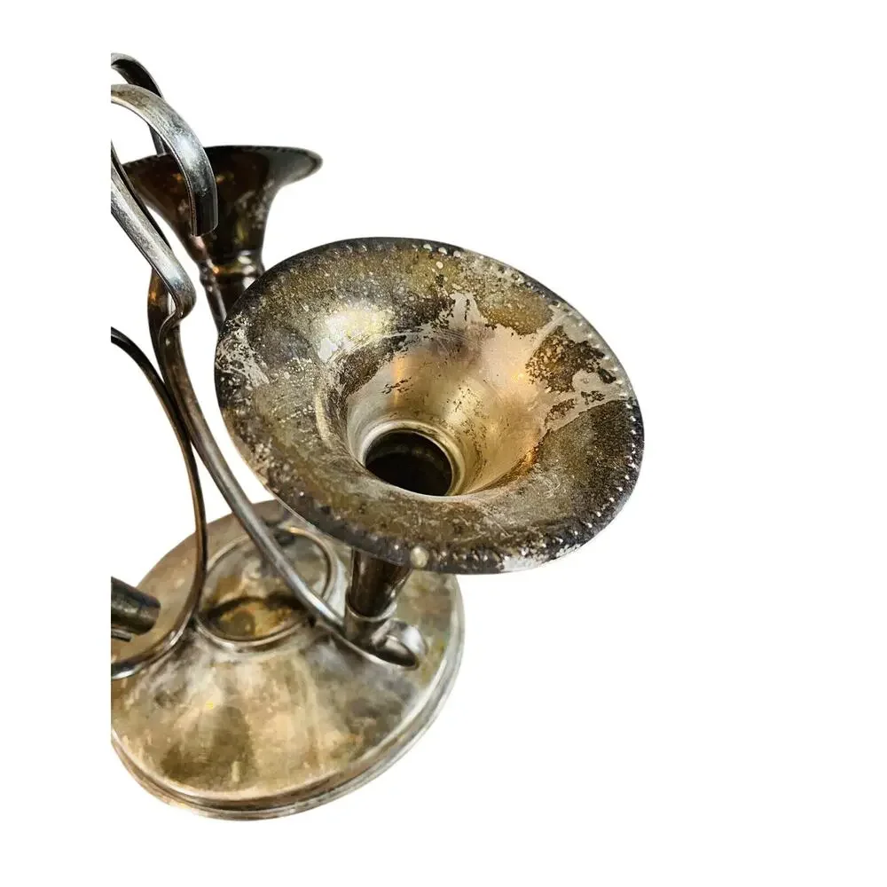 Antique Victorian Silverplate Epergne Centerpiece 4 Trumpet Vase Holder 12